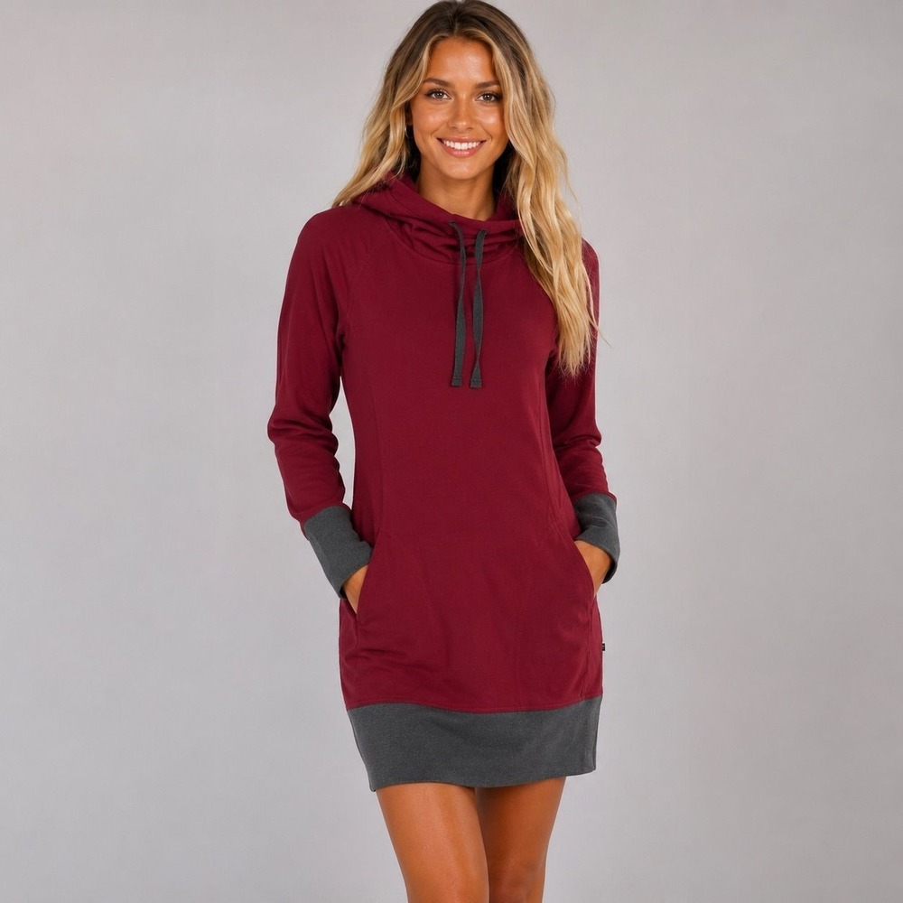 Toad&Co Womens Small Burgundy Grey Hoodie Dress Organic Cotton Cowl Neck Eco